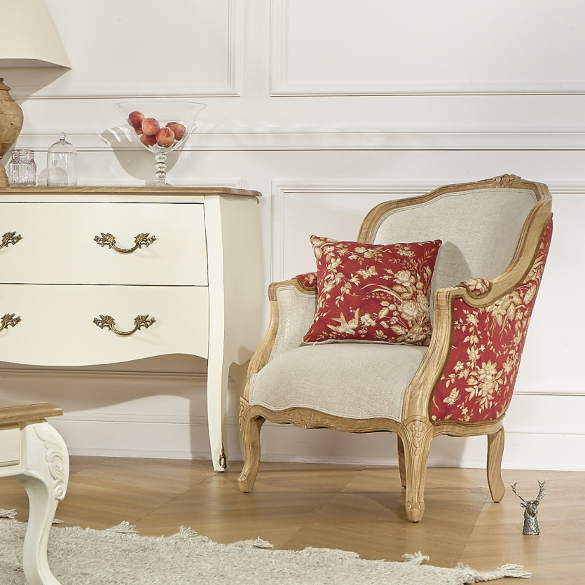 VICTOR TRAFALGAR - Fauteuil bergère style shabby chic, lin imprimé fleuri rouge et bois massif, 1 place