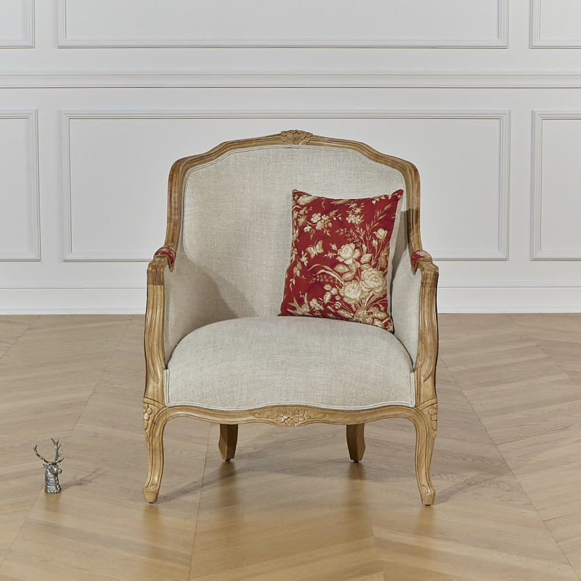 VICTOR TRAFALGAR - Fauteuil bergère style shabby chic, lin imprimé fleuri rouge et bois massif, 1 place