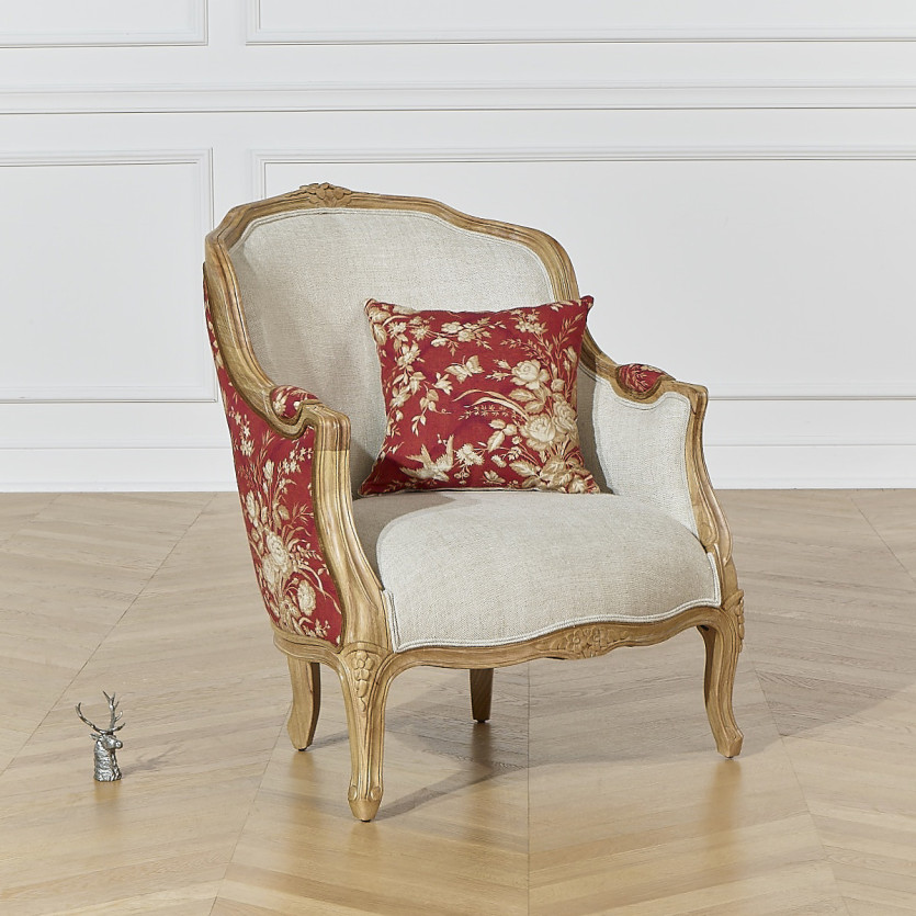 VICTOR TRAFALGAR - Fauteuil bergère style shabby chic, lin imprimé fleuri rouge et bois massif, 1 place