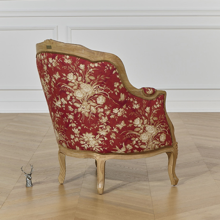 VICTOR TRAFALGAR - Fauteuil bergère style shabby chic, lin imprimé fleuri rouge et bois massif, 1 place