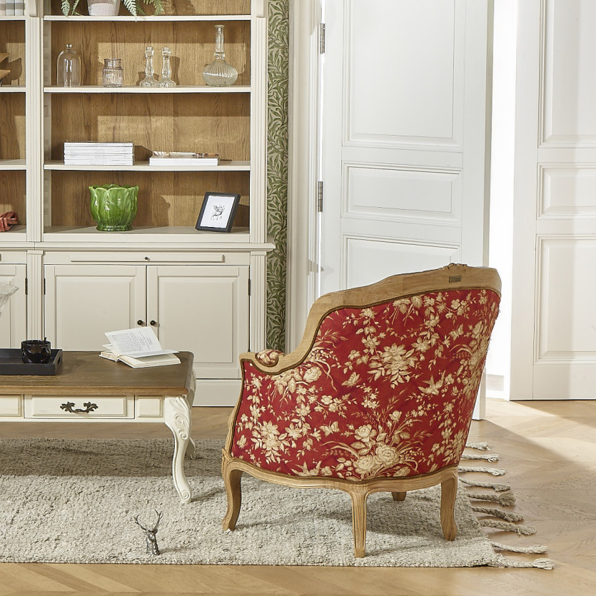 VICTOR TRAFALGAR - Fauteuil bergère style shabby chic, lin imprimé fleuri rouge et bois massif, 1 place