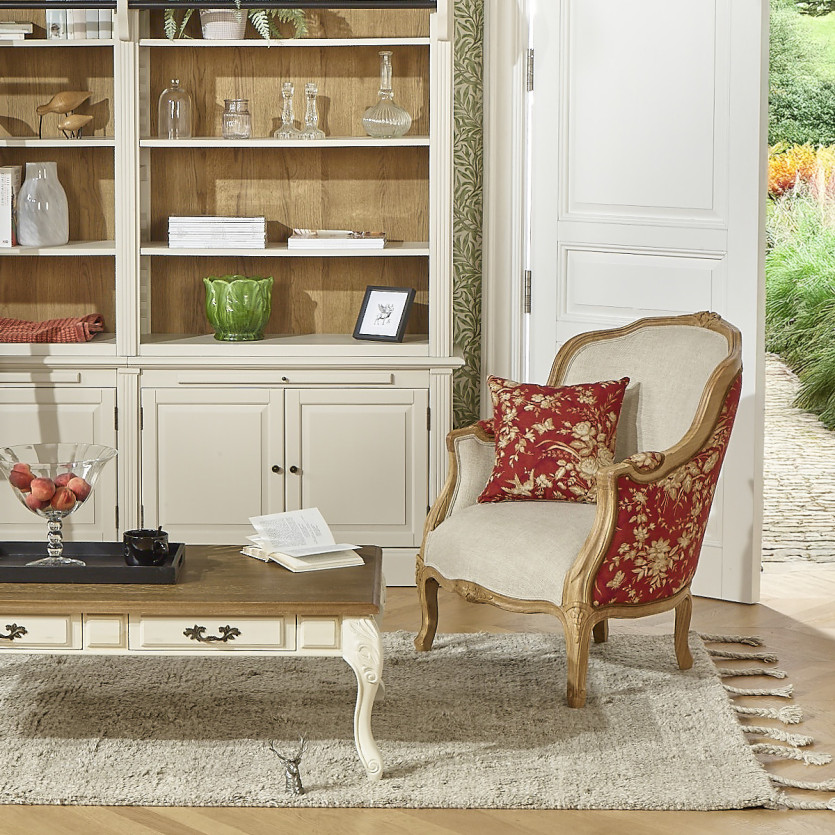 VICTOR TRAFALGAR - Fauteuil bergère style shabby chic, lin imprimé fleuri rouge et bois massif, 1 place