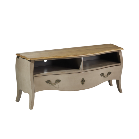 ALIENOR - Mueble de TV de madera, 1 cajón, 2 compartimentos, acabado en pátina color topo