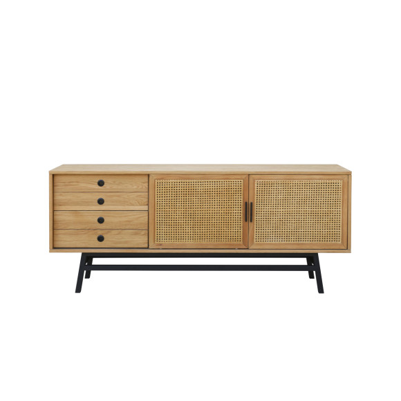 LALALA - Buffet 2 portes / 2 tiroirs en chêne, cannage et métal