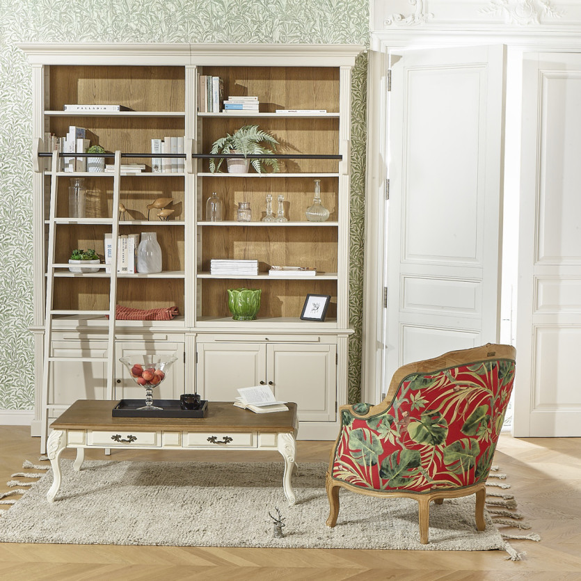 VICTOR RED - Fauteuil bergère style romantique en tissu imprimé fleuri jungle et bois massif, 1 place