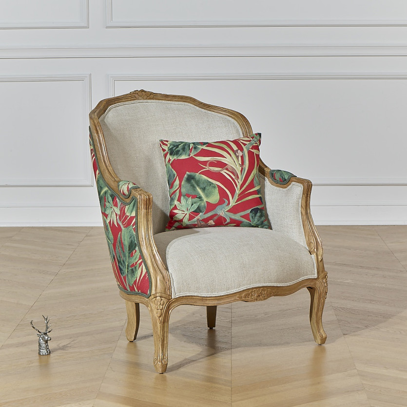 VICTOR RED - Fauteuil bergère style romantique en tissu imprimé fleuri jungle et bois massif, 1 place