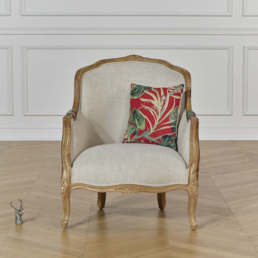 VICTOR RED - Fauteuil bergère style romantique en tissu imprimé fleuri jungle et bois massif, 1 place