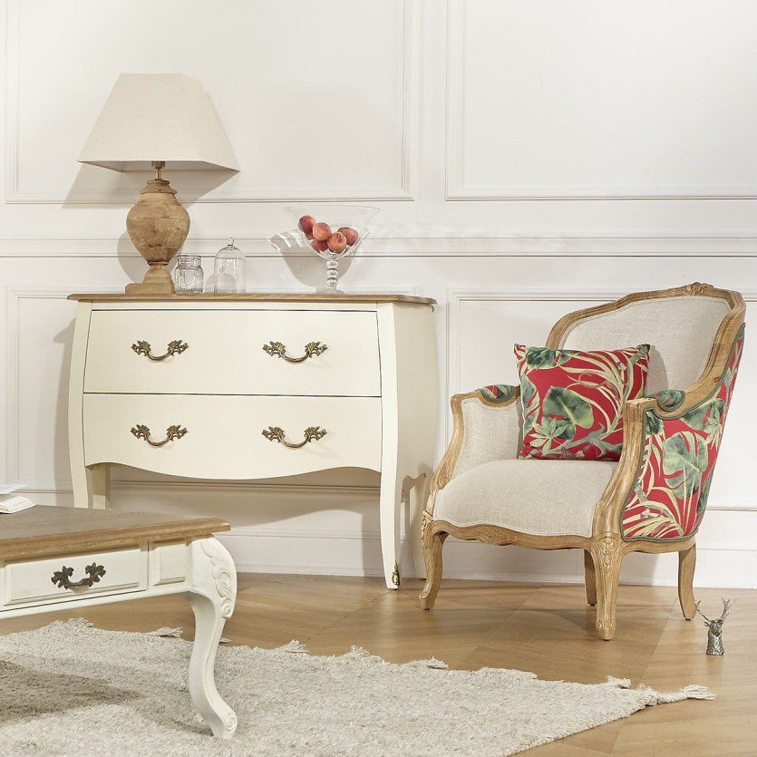 VICTOR RED - Fauteuil bergère style romantique en tissu imprimé fleuri jungle et bois massif, 1 place