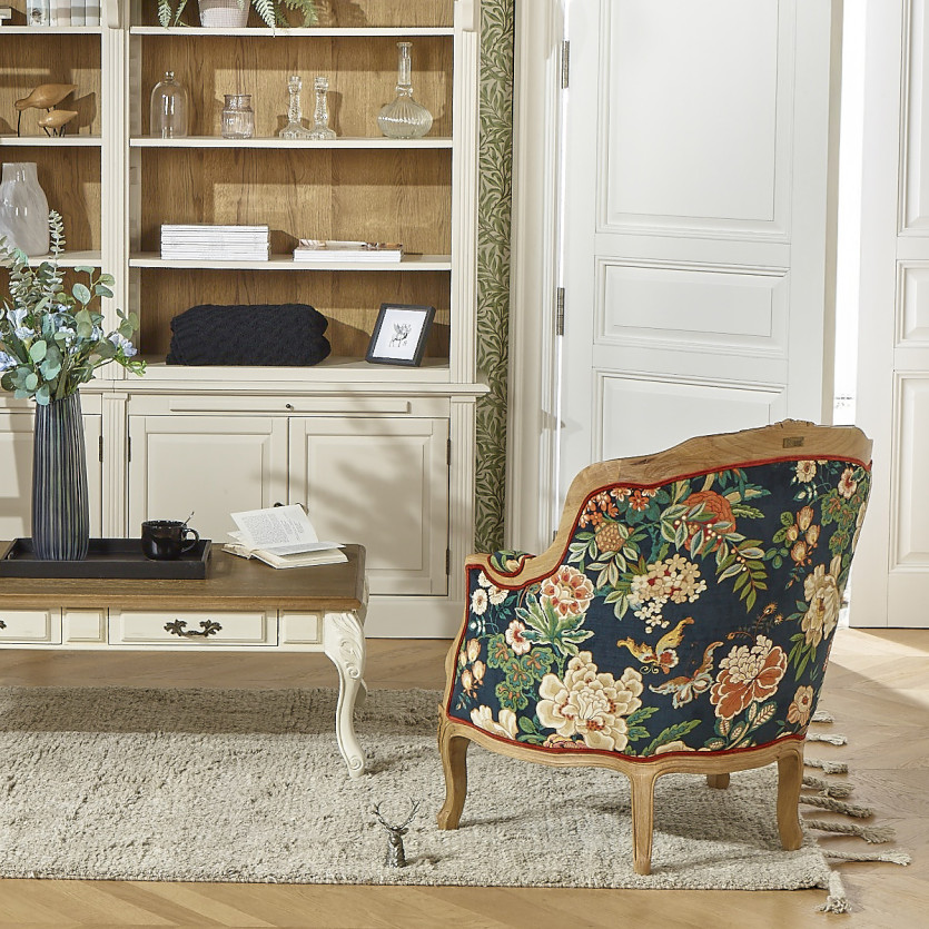VICTOR EMPEROR - Fauteuil bergère esprit campagne chic en bois massif et tissu fleuri, 1 place