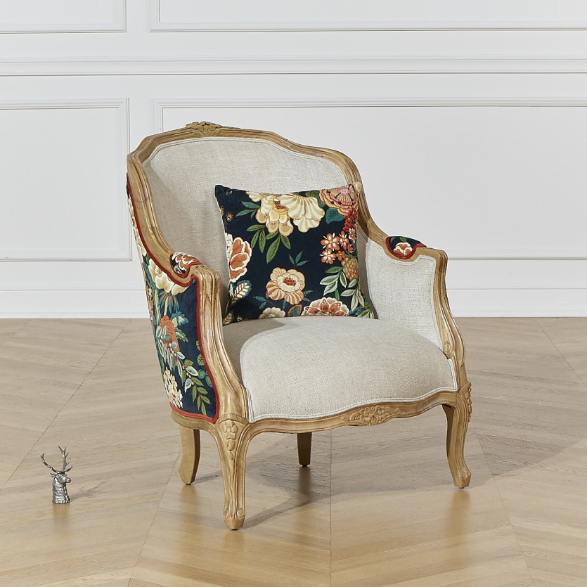 VICTOR EMPEROR - Fauteuil bergère esprit campagne chic en bois massif et tissu fleuri, 1 place