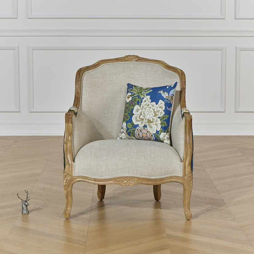 VICTOR KING Bergère Armchair - Family home style in solid wood and blue floral fabric, 1 seat
