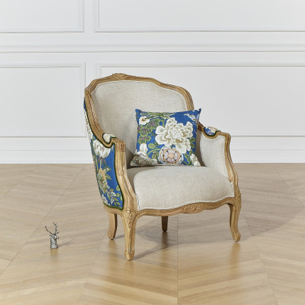 VICTOR KING Bergère Armchair - Family home style in solid wood and blue floral fabric, 1 seat