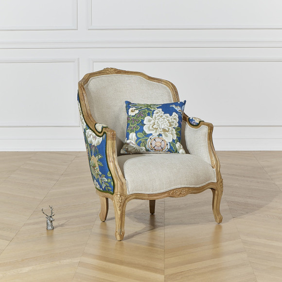 Sillón bergère VICTOR KING - Estilo casa de familia en madera maciza y tela floral azul, 1 plaza