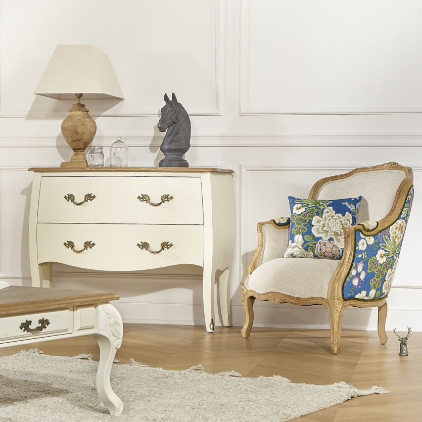 VICTOR KING - Fauteuil bergère style maison de famille en bois massif et tissu fleuri bleu, 1 place