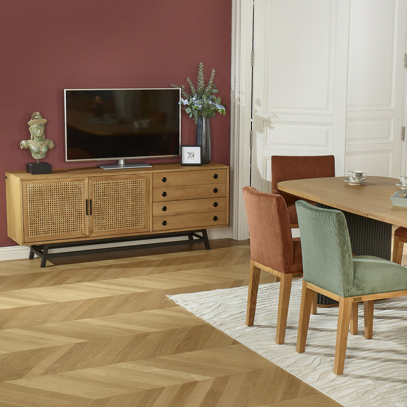 LALALA - Low sideboard in oak, caning, metal, 2 drawers, 2 doors, 170 cm