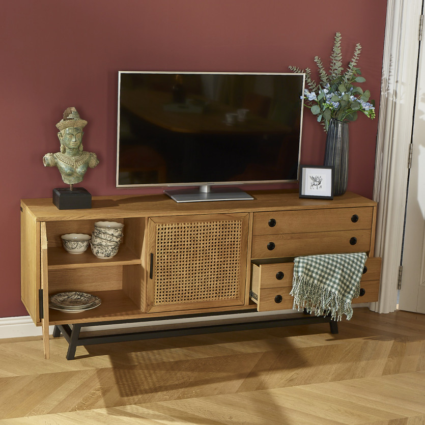 LALALA - Low sideboard in oak, caning, metal, 2 drawers, 2 doors, 170 cm