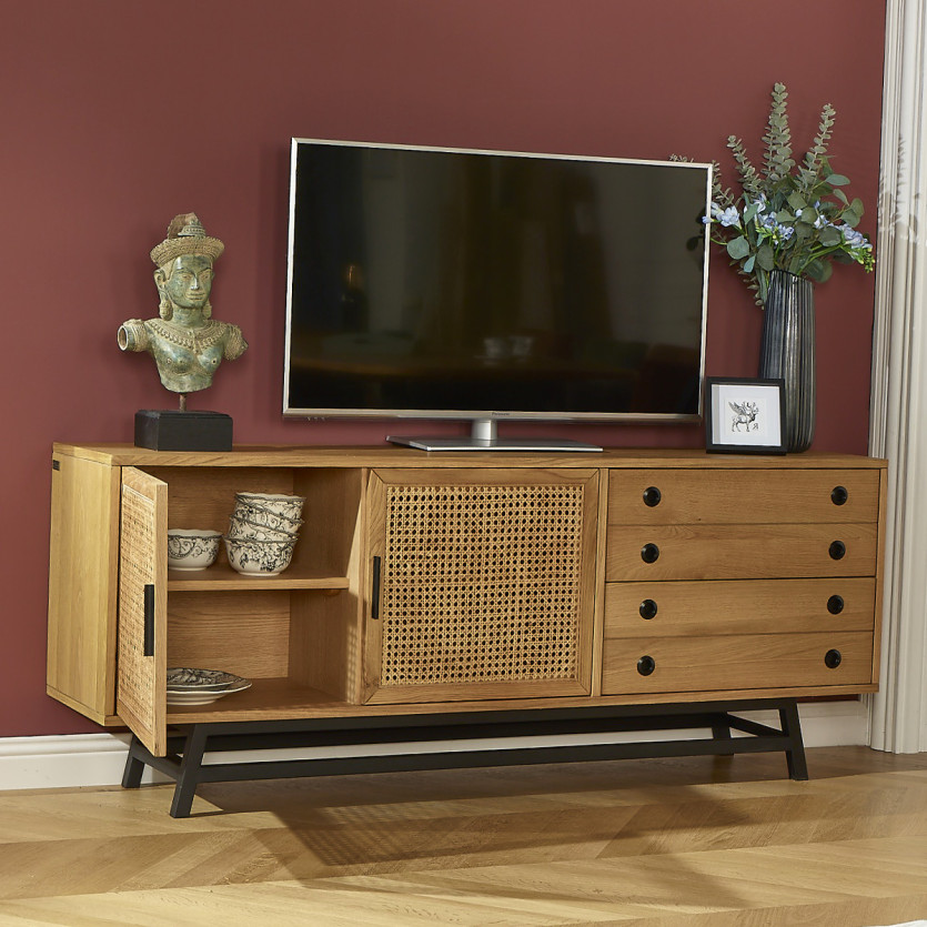 LALALA - Low sideboard in oak, caning, metal, 2 drawers, 2 doors, 170 cm
