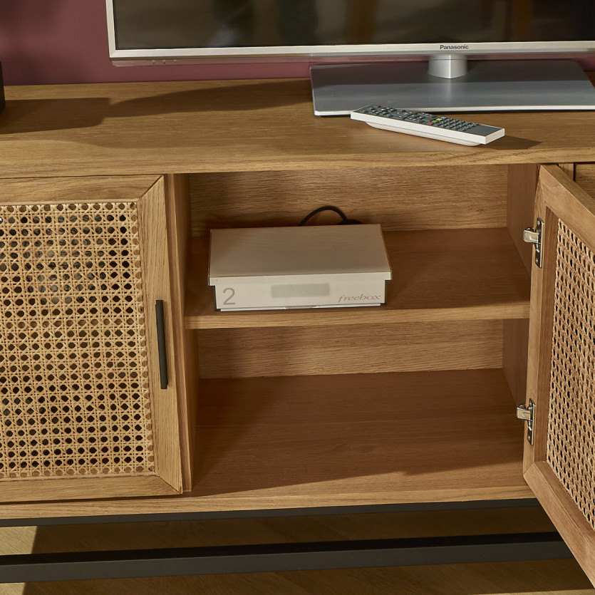 LALALA - Low sideboard in oak, caning, metal, 2 drawers, 2 doors, 170 cm
