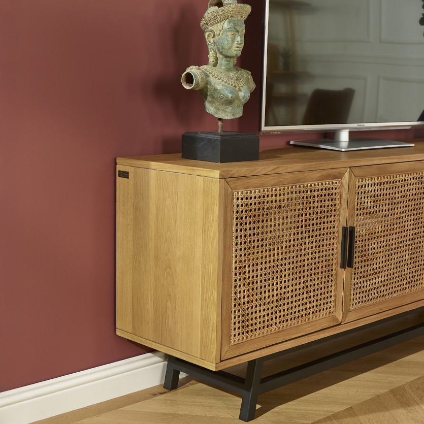 LALALA - Low sideboard in oak, caning, metal, 2 drawers, 2 doors, 170 cm
