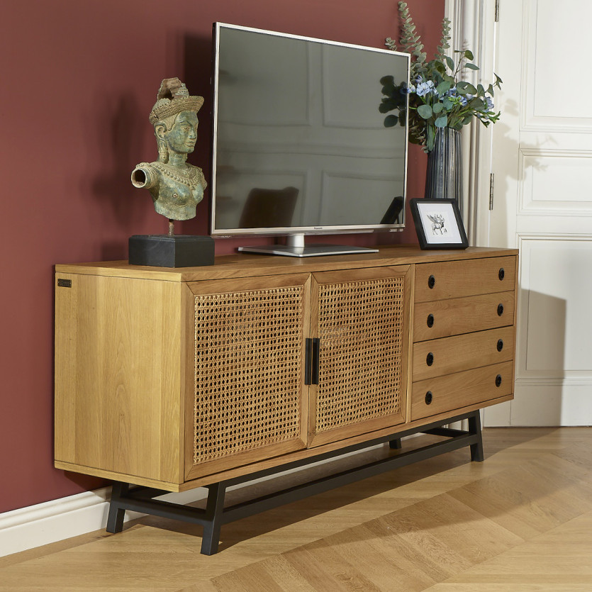 LALALA - Low sideboard in oak, caning, metal, 2 drawers, 2 doors, 170 cm