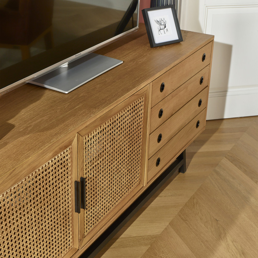 LALALA - Low sideboard in oak, caning, metal, 2 drawers, 2 doors, 170 cm