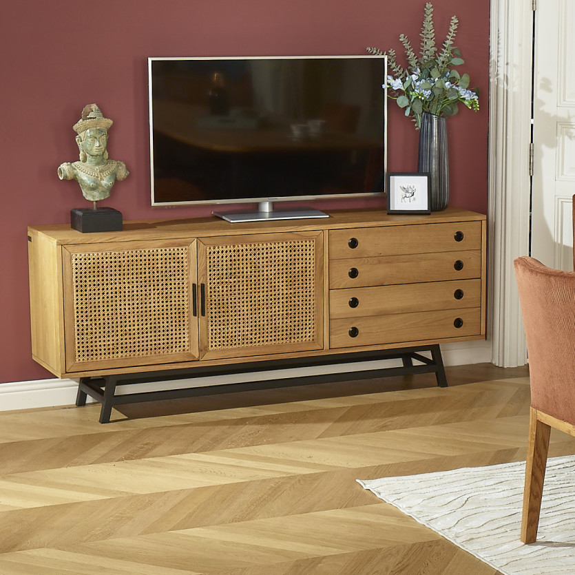 LALALA - Low sideboard in oak, caning, metal, 2 drawers, 2 doors, 170 cm