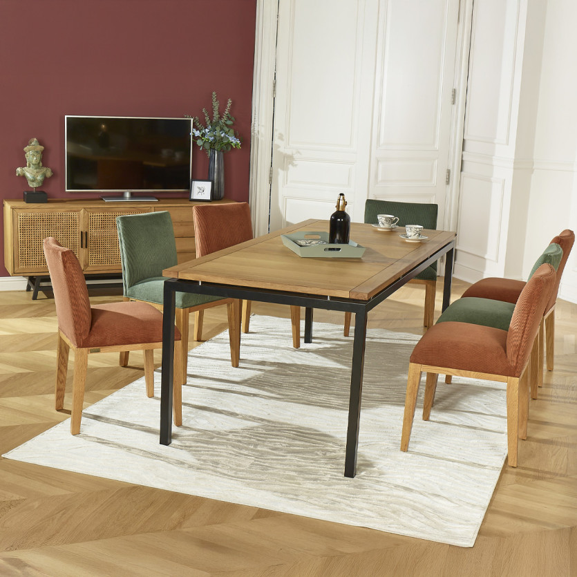 Mesa de comedor AIMIE - Estilo industrial con tablero de roble y patas de metal, 8 plazas, madera certificada FSC®