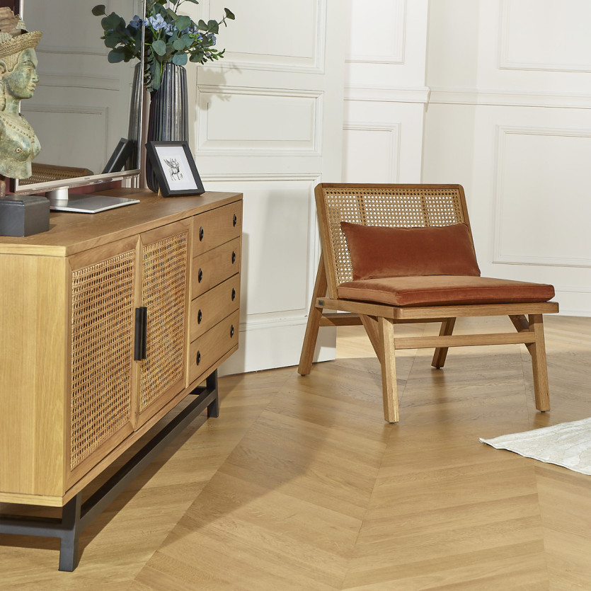 LALALA - Scandinavische stijl fauteuil van eikenhout, vlechtwerk en fluweel, 1 zitplaats