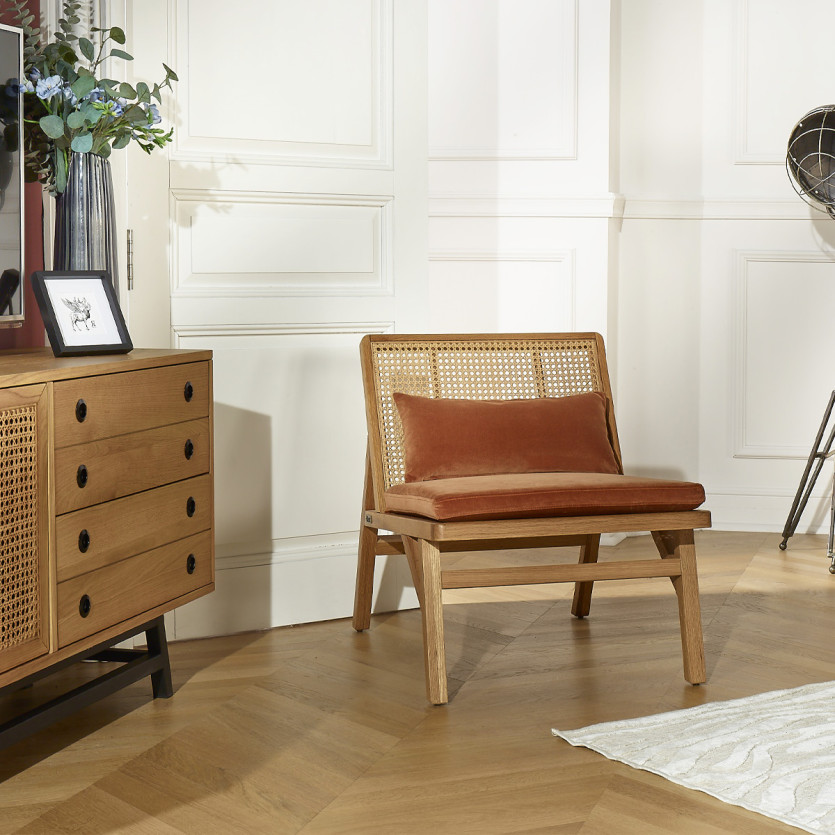 LALALA - Sillón de estilo escandinavo en roble, rejilla y terciopelo, 1 plaza