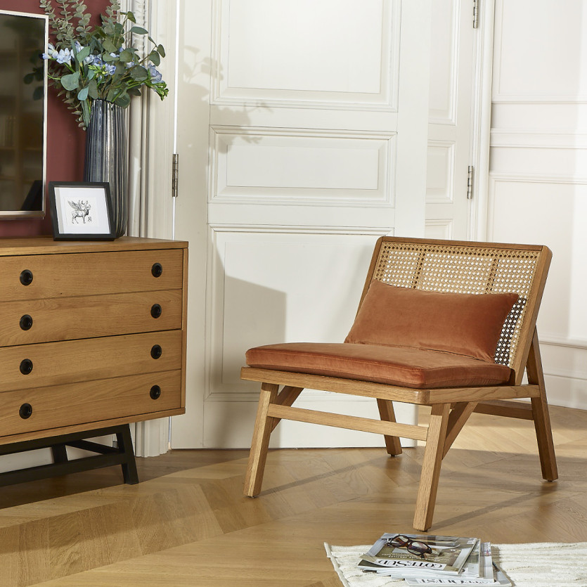 LALALA - Poltrona in stile scandinavo in rovere, con canna e velluto, 1 posto