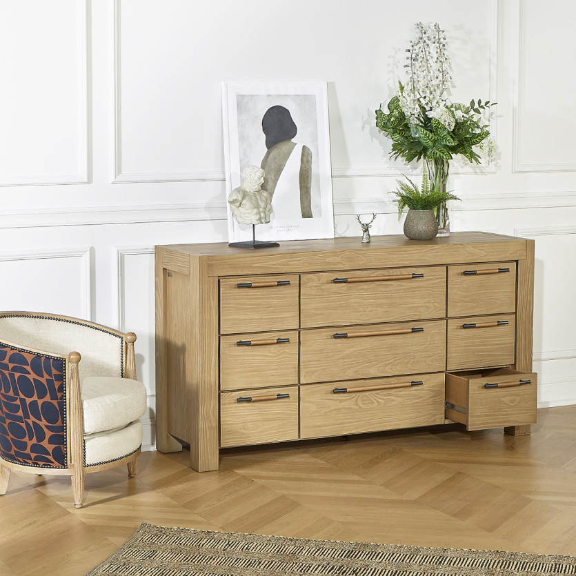 MEGÈVE – Cómoda de madera maciza estilo contemporáneo, 9 cajones, madera certificada FSC®