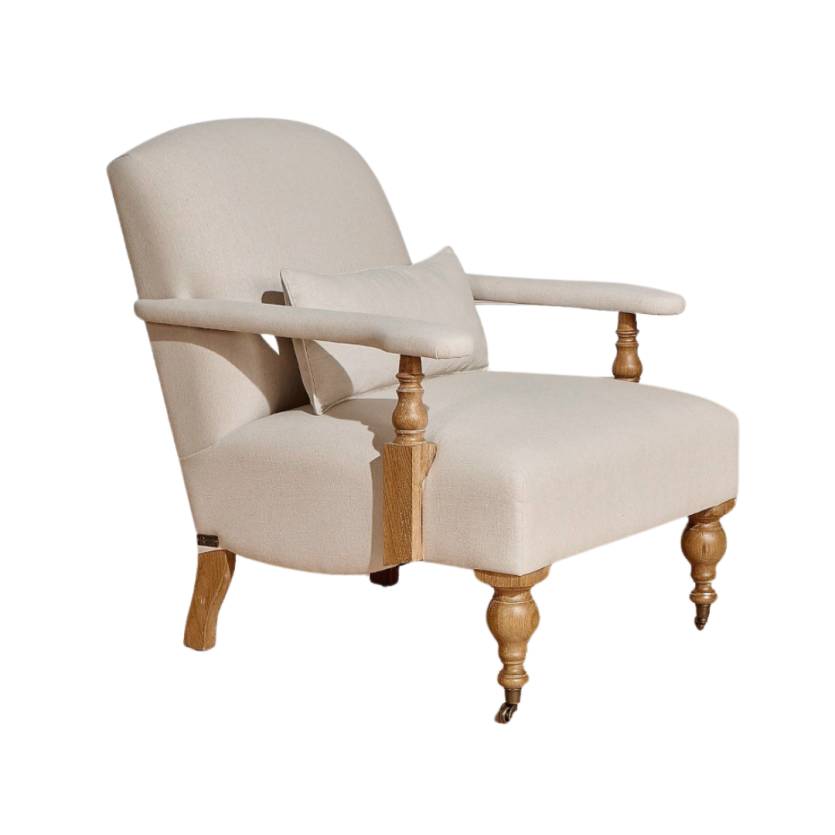 Fauteuil ANDREW - Style anglais en chêne et tissu lin coton, 1 place