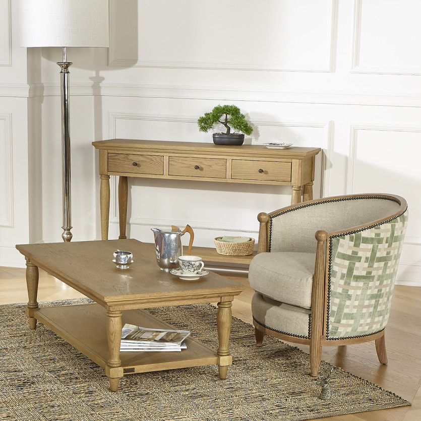 CAROLE GREENY - Poltrona a botte stile vintage in rovere, lino e tessuto con motivo intrecciato, 1 posto