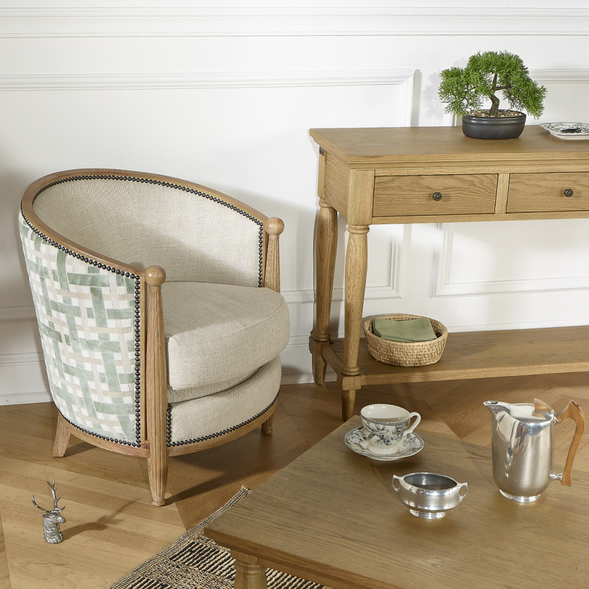 Poltrona a botte CAROLE GREENY - Stile vintage in rovere, lino e tessuto con motivo intrecciato, 1 posto