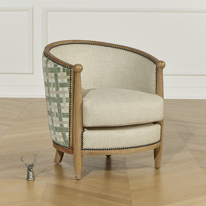CAROLE GREENY - Sillón barril de estilo vintage en roble, lino y tejido con motivo trenzado, 1 plaza