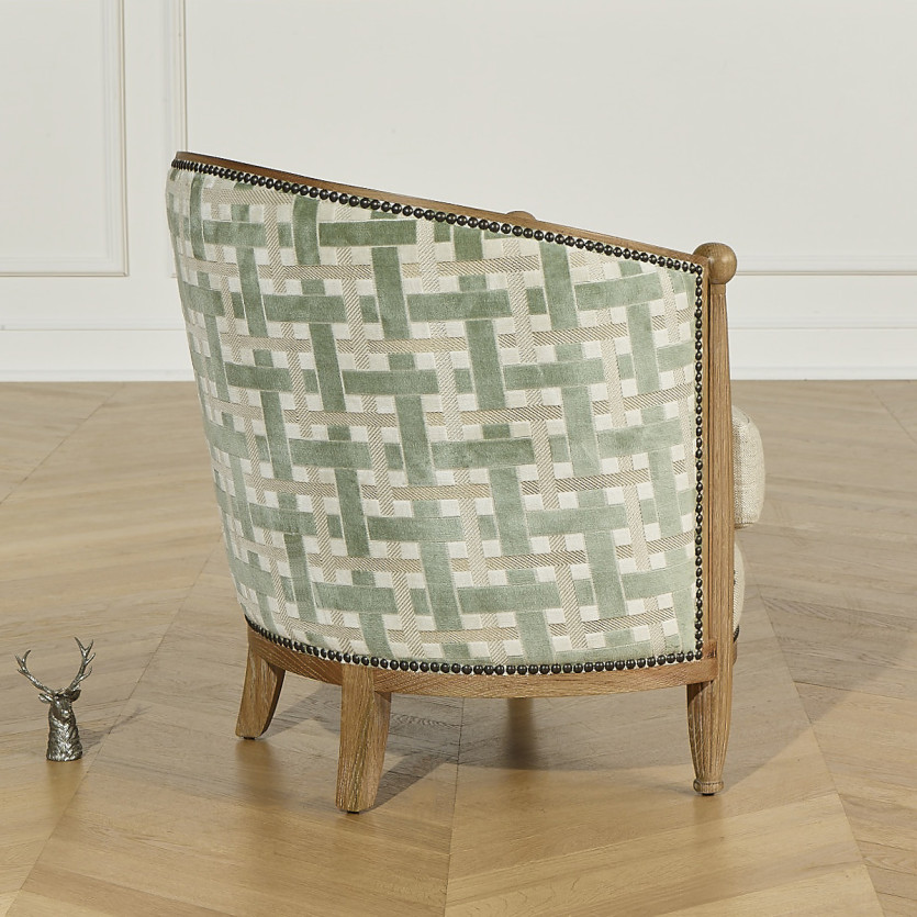 CAROLE GREENY Barrel Chair - Vintage style in oak, linen, and woven pattern fabric, 1 seat