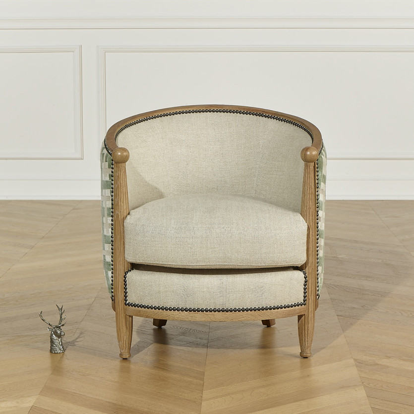 CAROLE GREENY - Sillón barril de estilo vintage en roble, lino y tejido con motivo trenzado, 1 plaza