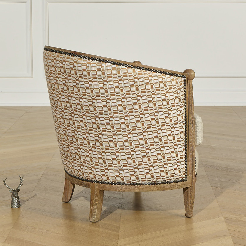 CAROLE COGNAC - Poltrona a botte stile vintage in rovere, lino e tessuto geometrico, 1 posto