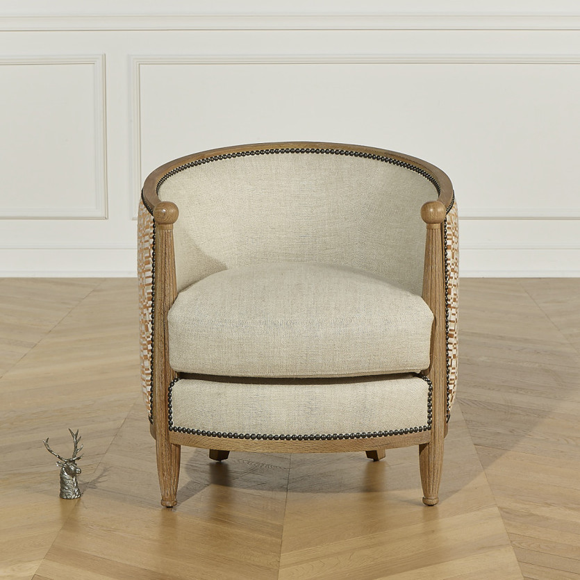 CAROLE COGNAC - Vintage-style barrel armchair in oak, linen and geometric fabric, 1 seat