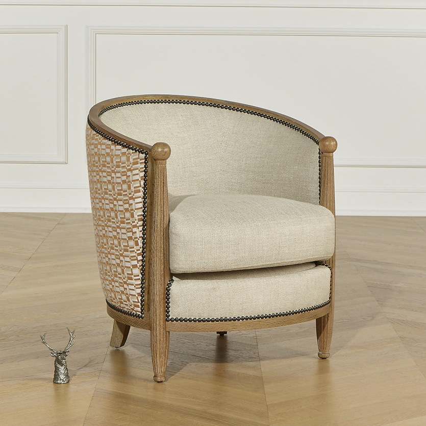 CAROLE COGNAC - Vintage-style barrel armchair in oak, linen and geometric fabric, 1 seat