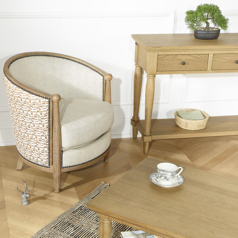 Poltrona a botte CAROLE COGNAC - Stile vintage in rovere, lino e tessuto geometrico, 1 posto