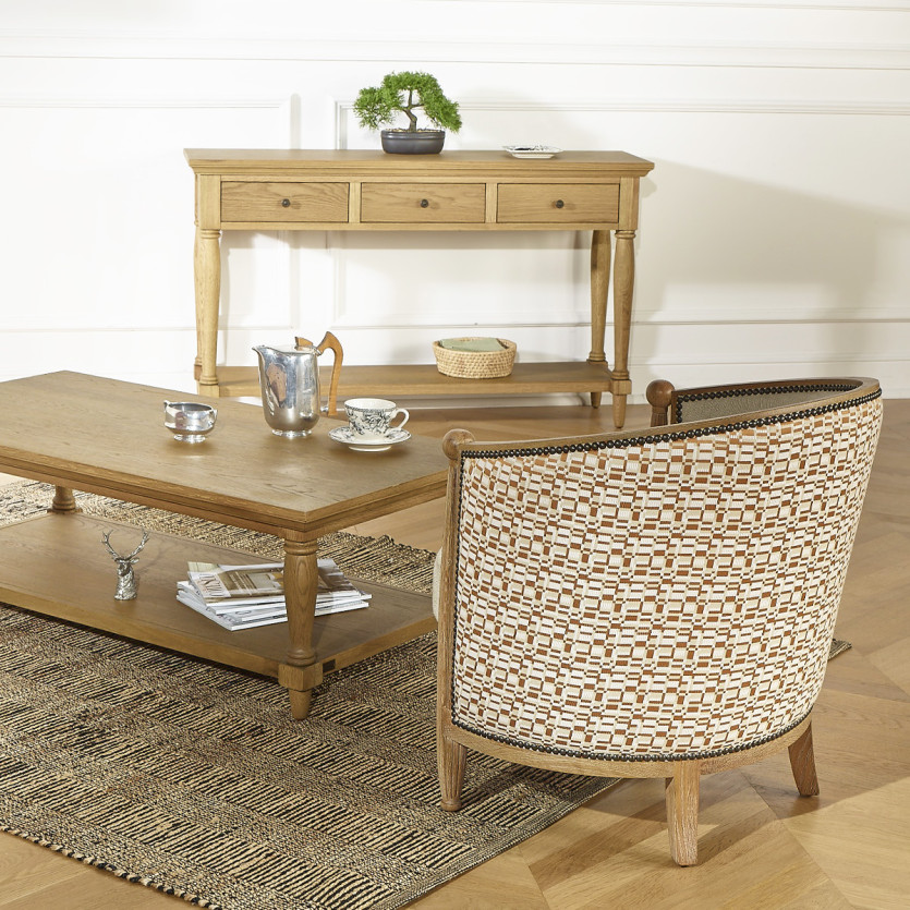 CAROLE COGNAC - Fasssessel im Vintage-Stil aus Eiche, Leinen und geometrischem Stoff, 1-Sitzer