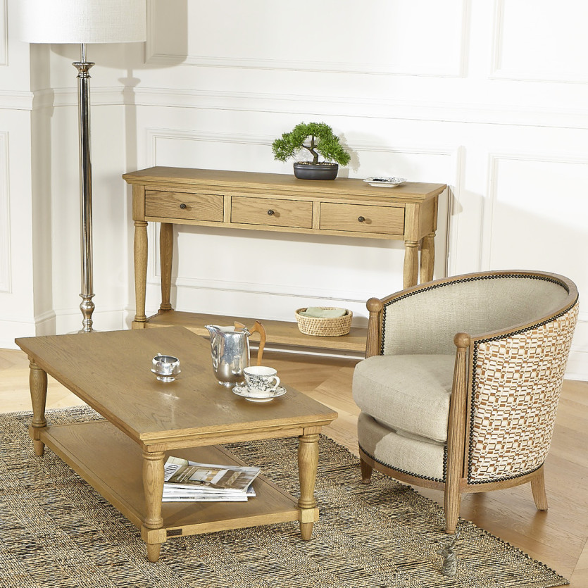 CAROLE COGNAC - Fauteuil tonneau style vintage en chêne, lin et tissu géométrique, 1 place