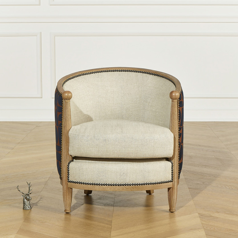 Poltrona a botte CAROLE FJORD - Stile vintage in rovere, lino e tessuto grafico, 1 posto