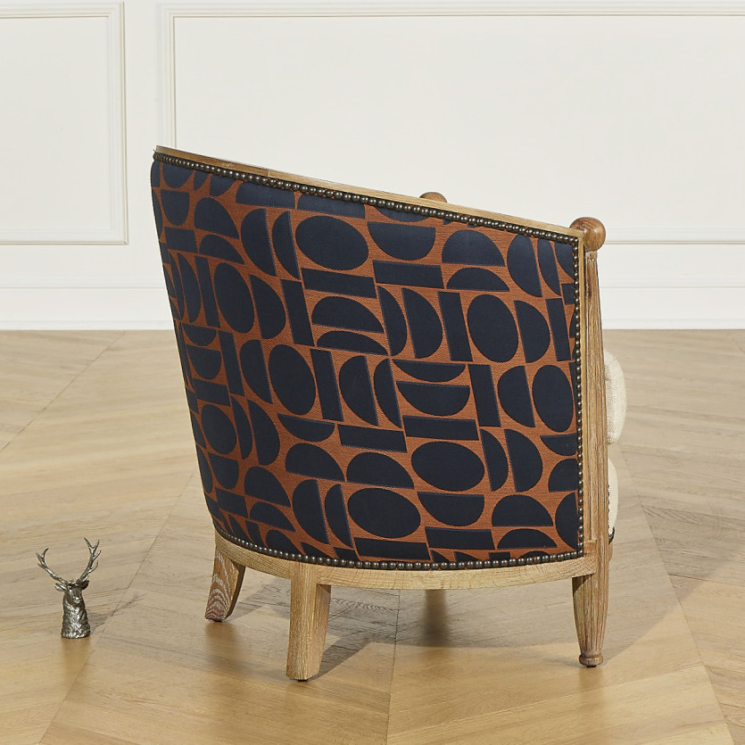 CAROLE FJORD -  Fauteuil tonneau style vintage en chêne, lin et tissu graphique, 1 place