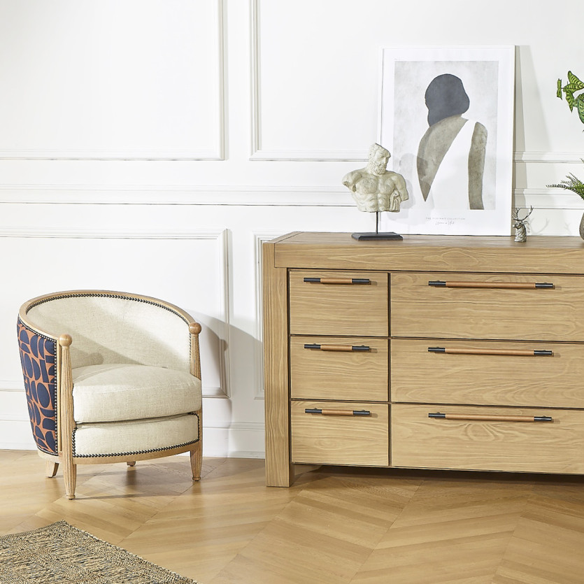 CAROLE FJORD - Vintage-style barrel armchair in oak, linen and graphic fabric, 1 seat