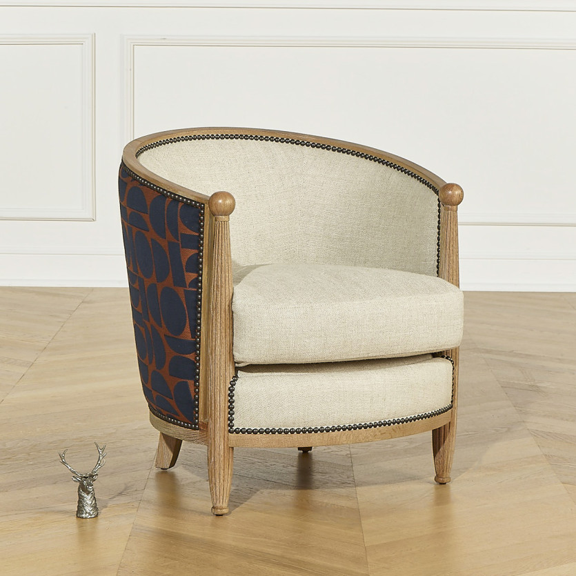 CAROLE FJORD Barrel Chair - Vintage style in oak, linen and graphic fabric, 1 seat