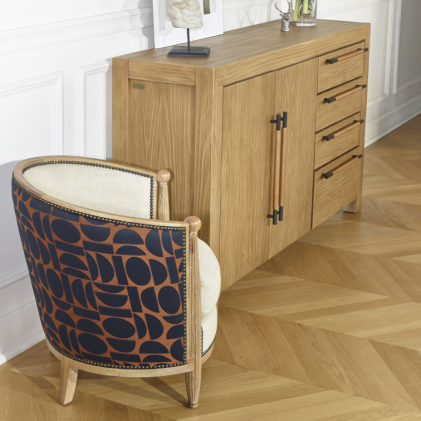 CAROLE FJORD - Poltrona a botte stile vintage in rovere, lino e tessuto grafico, 1 posto