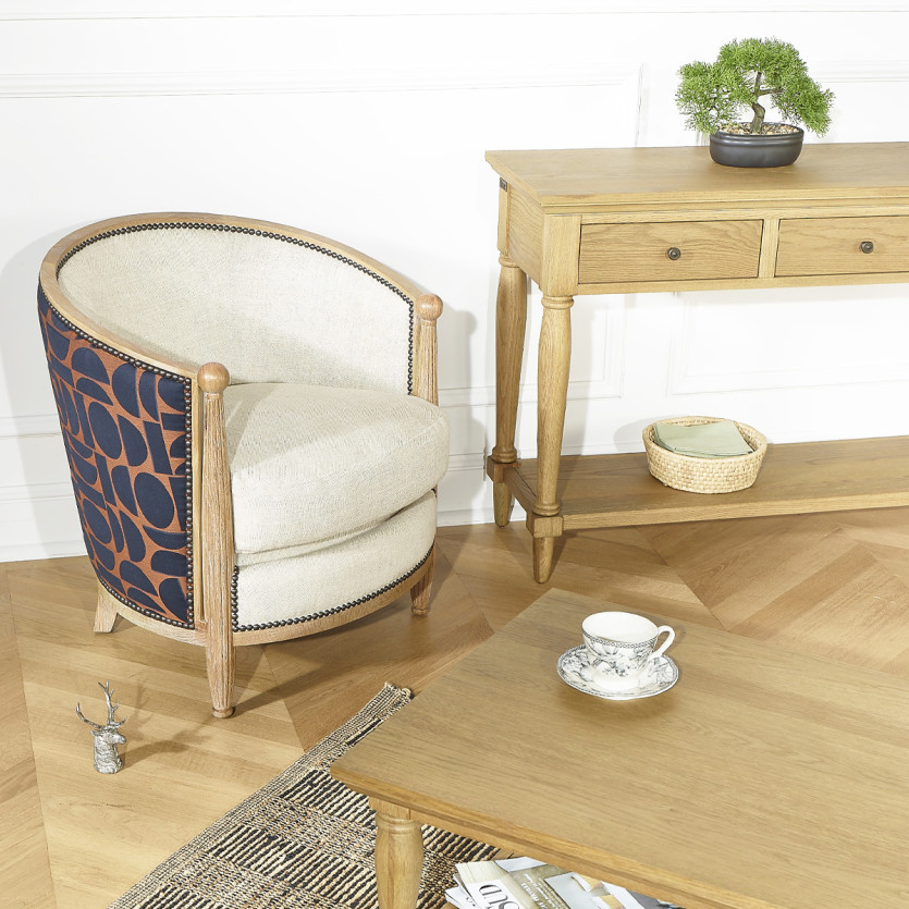 CAROLE FJORD Barrel Chair - Vintage style in oak, linen and graphic fabric, 1 seat