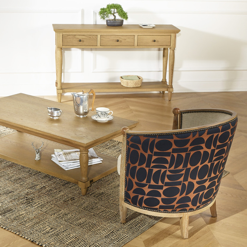 CAROLE FJORD - Fasssessel im Vintage-Stil aus Eiche, Leinen und grafischem Stoff, 1-Sitzer